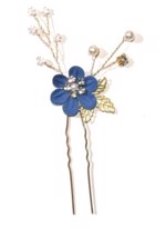 Hårnåle; 2 x hårnåle med blomst og perler, kongeblå/guld